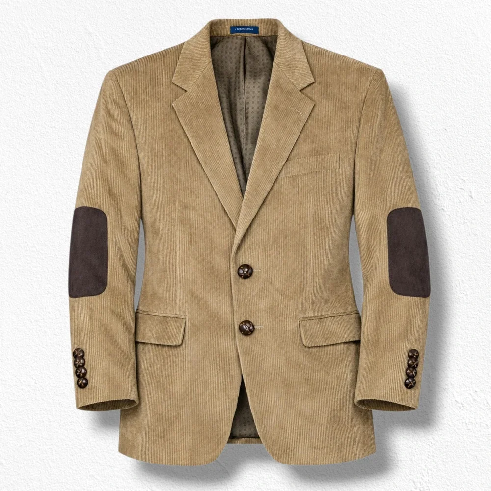 Y2K Vintage Warm Tan Corduroy Faux Suede Elbow Patch Blazer Sports Coat Size 40R